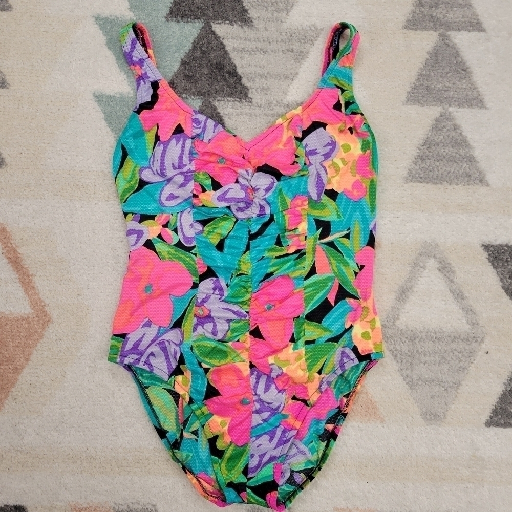 Vintage 90s Vibrant Floral Print One Piece Swimsuit Size Large